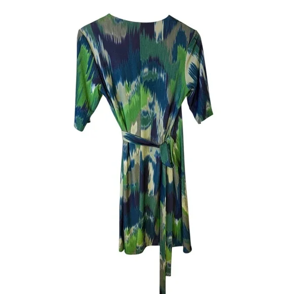 Komarov Petite Abstract Ikat Print Wrap Dress Blue Green Medium PM - Picture 2 of 4